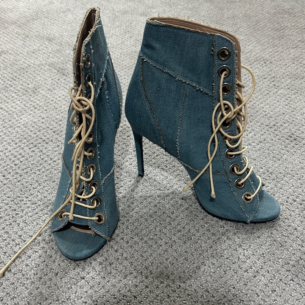 Barbara Bui Blue Denim Lace-Up Heeled Boots